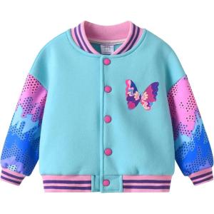 imageDXTON Girls Baseball Bomber Jacket ZipButton Sweatshirt Fall Winter Outwear Coat for Kids Toddler 312 YearsBlue Butterfly
