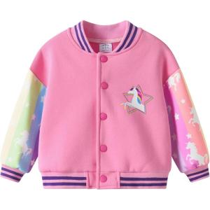 imageDXTON Girls Baseball Bomber Jacket ZipButton Sweatshirt Fall Winter Outwear Coat for Kids Toddler 312 YearsPink Rainbow