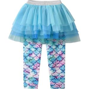 imageDXTON Toddler Girls Tutu Leggings with Skirt Stretchy Ruffle Capri Footless Skirted Pant Birthday Party for Kids 310 YearsGreen Mermaid