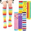 imageDXTON Girls Knee High Socks 6 Pairs Kids Crazy Long Socks 312 years Tall Boot Cute Animal Cotton Fun GiftRainbow Stripes