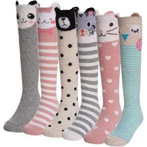 imageDXTON Girls Knee High Socks 6 Pairs Kids Crazy Long Socks 312 years Tall Boot Cute Animal Cotton Fun GiftAssorted Animal