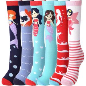 imageDXTON Girls Knee High Socks 6 Pairs Kids Crazy Long Socks 312 years Tall Boot Cute Animal Cotton Fun GiftAssorted Mermaid