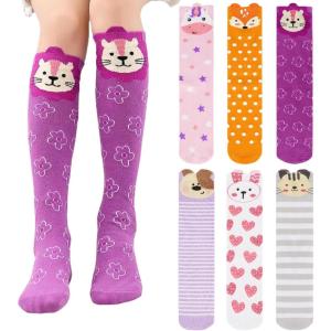 imageDXTON Girls Knee High Socks 6 Pairs Kids Crazy Long Socks 312 years Tall Boot Cute Animal Cotton Fun GiftCowLionDogBunnyCatFox