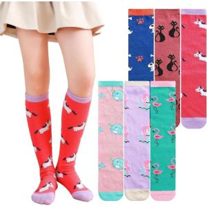 imageDXTON Girls Knee High Socks 6 Pairs Kids Crazy Long Socks 312 years Tall Boot Cute Animal Cotton Fun GiftCute Animal