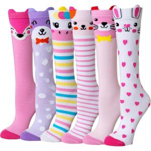imageDXTON Girls Knee High Socks 6 Pairs Kids Crazy Long Socks 312 years Tall Boot Cute Animal Cotton Fun GiftPink Purple Animal