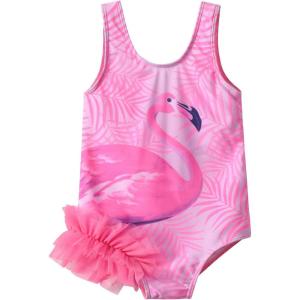 imageDXTON Girls Summer Swimsuit Beach Sport One Pieces Ruffled Tankini Cartoon Bathing Suit SwimwearFlamingo Pink