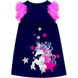 imageDXTON Toddler Girls Cotton Dress Casual Summer Short Sleeve Cute Cartoon Print Aline Sundress Home School 310 YearsSh5810