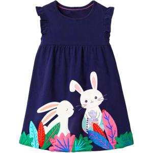 imageDXTON Toddler Girls Cotton Dress Casual Summer Short Sleeve Cute Cartoon Print Aline Sundress Home School 310 YearsSh8200rabbit