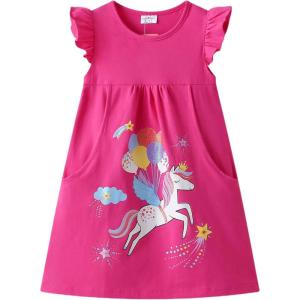 imageDXTON Toddler Girls Dresses Easter Rainbow Short Sleeve Cotton Casual Summer Birthday School SundressFuchsia Balloons Horse