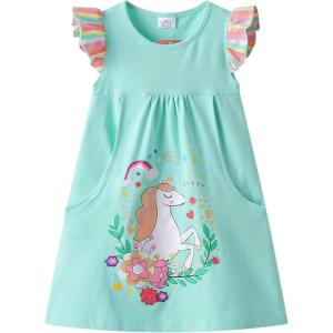 imageDXTON Toddler Girls Dresses Easter Rainbow Short Sleeve Cotton Casual Summer Birthday School SundressMint Green Horse