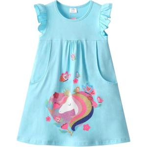 imageDXTON Toddler Girls Dresses Easter Rainbow Short Sleeve Cotton Casual Summer Birthday School SundressOcean Blue Heart