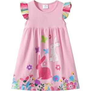 imageDXTON Toddler Girls Dresses Easter Rainbow Short Sleeve Cotton Casual Summer Birthday School SundressPink Bunny