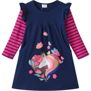 imageDXTON Toddler Girls Long Sleeve Dress Stripe Rainbow Ruffle Cotton Casual Tunic Shirt Fall Winter School DressNavy Stripe Heart