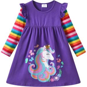 imageDXTON Toddler Girls Long Sleeve Dress Stripe Rainbow Ruffle Cotton Casual Tunic Shirt Fall Winter School DressPurple Stripe Horse