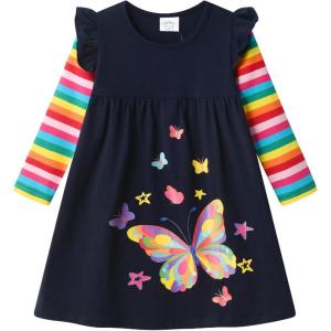 imageDXTON Toddler Girls Long Sleeve Dress Stripe Rainbow Ruffle Cotton Casual Tunic Shirt Fall Winter School DressRainbow Butterfly