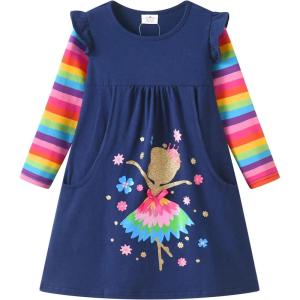 imageDXTON Toddler Girls Long Sleeve Dress Stripe Rainbow Ruffle Cotton Casual Tunic Shirt Fall Winter School DressRainbow Flowers Girl