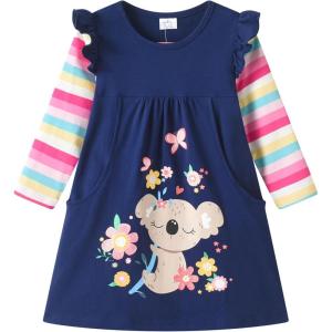 imageDXTON Toddler Girls Long Sleeve Dress Stripe Rainbow Ruffle Cotton Casual Tunic Shirt Fall Winter School DressRainbow Koala