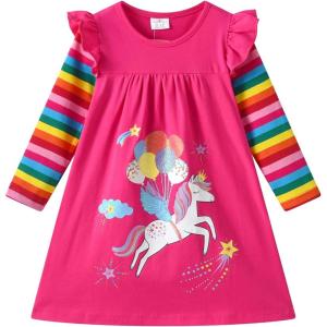 imageDXTON Toddler Girls Long Sleeve Dress Stripe Rainbow Ruffle Cotton Casual Tunic Shirt Fall Winter School DressRose Balloons Horse