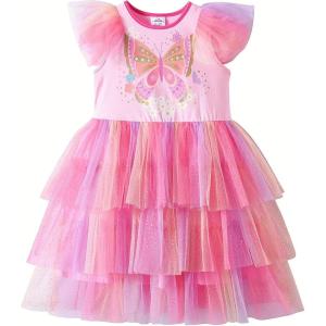 imageDXTON Toddler Girls Tutu Dresses Summer Short Sleeve Tulle Birthday Party Sundress for 38 YearsPastel Rainbow Butterfly