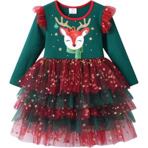 imageDXTON Toddler Girls Dress Long Sleeve Tutu Winter Birthday Party Dress for Little Girl 38TGreen