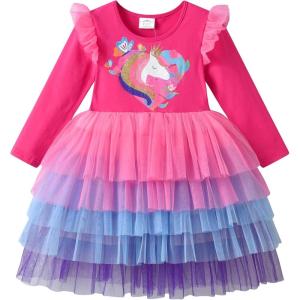imageDXTON Toddler Girls Dress Long Sleeve Tutu Winter Birthday Party Dress for Little Girl 38TRose Pink