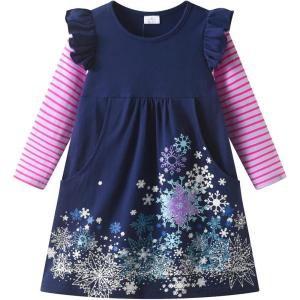 imageDXTON Toddler Girls Long Sleeve Dress Stripe Rainbow Ruffle Cotton Casual Tunic Shirt Fall Winter School DressNavy Snowflakes