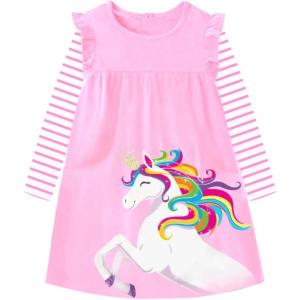 imageDXTON Toddler Girls Long Sleeve Dress Stripe Rainbow Ruffle Cotton Casual Tunic Shirt Fall Winter School DressPink Rainbow Horse