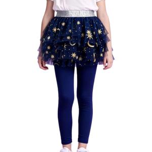 imageDXTON Toddler Girls Tutu Leggings with Skirt Stretchy Ruffle Capri Footless Skirted Pant Birthday Party for Kids 310 YearsNavy Moon Star