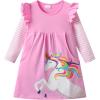 imageDXTON Toddler Girls Long Sleeve Dress Stripe Rainbow Ruffle Cotton Casual Tunic Shirt Fall Winter School DressPink Rainbow Horse