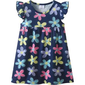 image:imageDXTON Toddler Girls Dress Summer Floral Short Sleeve Casual Dress for Little Kids 38 Years Aline Sundress for School PlayNavy Flower Printed