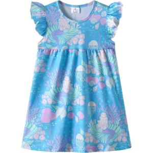 image:imageDXTON Toddler Girls Dress Summer Floral Short Sleeve Casual Dress for Little Kids 38 Years Aline Sundress for School PlayAqua Ocean Seashell Printed