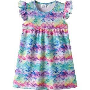 image:imageDXTON Toddler Girls Dress Summer Floral Short Sleeve Casual Dress for Little Kids 38 Years Aline Sundress for School PlayRainbow Fishscales Printed